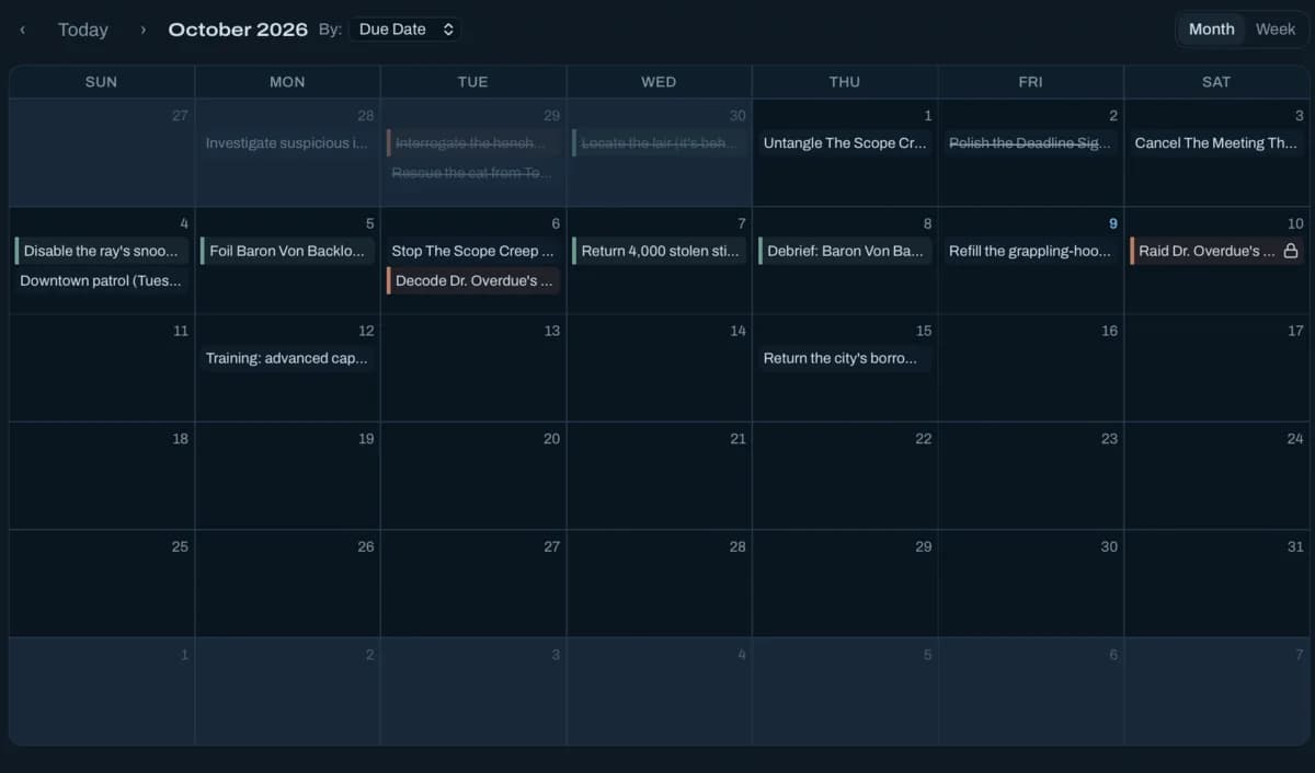 Month calendar with tasks placed on their due dates